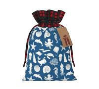 Underwater Marine Life Print Christmas Candy Bags,Holiday Party Color-Blocked Drawstring Bags,Drawstring Snack Bags