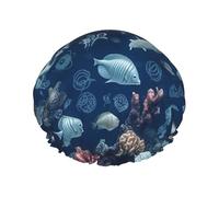 Underwater Marine Life Shower Caps for Women Reusable Waterproof Shower Cap with Elastic Strap Bath Hair Hat Double Layers Thick Bath Caps for Spa Salon Travel