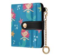 Underwater Mermaids Starfish Blue Print Small Women Wallet RFID Blocking PU Leather Bifold Compact Card Holder with Coin Pocket Zipper Purse for Girls Ladies Women