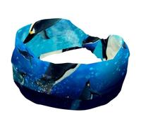 Underwater Ocean Sea Penguin Women's Wide Hairbands, Soft Turban Headband, Non Slip Head Wraps, Elastic Sweat Yoga Workout Headband Cross Knotted Hairwrap Bandana
