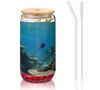 Underwater Ocean View Print Reusable 16 Oz Bamboo Lid Straw Glass Cup Travel Home Office Outdoor Activities