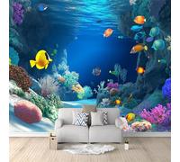 Underwater Ocean Wall Mural Wallpaper, 3D Tropical Fish & Coral Reef Sea Scene, Panoramic Non-Woven Paste-The-Wall Wallpaper, Multi-Panel Wall Art for Living Room or Bedroom, 300 x 210 cm