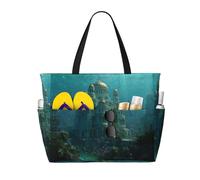 Underwater Palace Print Large Waterproof Beach Tote Bag for Women with Zip and Pockets Foldable Handbag for Travel Pool Shopping Holiday Gym