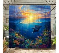 Underwater Scene Shower Curtain, Vibrant Blue Ocean Manta Ray Bath Curtain for Bathroom Decor, Summer Tropical Modern Art Waterproof Fabric Shower Curtain Set with Hooks 72x72 Inch