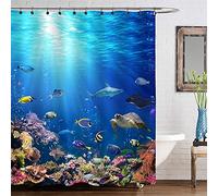 Underwater Scene with Coral Reef and Tropical Fish Shower Curtain Set for Ocean Themed Bathroom Decorations, Realistic Marine Wildlife Bathtub Accessories, Heavy Duty Fabric 72 W x 78 L, Blue