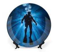 Underwater Scuba Diver Bone China Decorative Plate Ceramic Wall Dinner Plates with Display Stand for Home Kitchen Decor 8inch