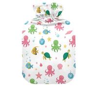 Underwater Sea Animals White Fish Pattern Hot Water Bottle with Cover for Pain Relief Bed Warmer for Headaches Back Pain, 2L