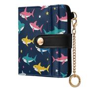 Underwater Sharks Stars Black Print Small Women Wallet Bifold RFID Blocking Leather Compact Card Holder with Coin Pocket Zipper Purse for Ladies Girls Women