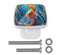 Underwater Stained Glass Seahorse 4 Pack Square Cabinet Knobs Furniture White Hardware Handles for Kitchen Cabinets Bedroom Dresser Drawer Knobs Cupboard Knobs Wardrobe Cabinet Pulls