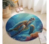 Underwater Turtle Rugs Round 210 cm Living Room Modern Non-Slip Area Rug, Round Machine Washable Floor Carpet, Low Pile Soft Circle Rug for Bedroom Kids Room Decor, Blue