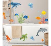 Underwater Wall Stickers for Bathroom Decor - Ocean Animals Removable Vinyl Decals with Whale, Dolphin, Turtle, Fish, Octopus, Seahorse, Jellyfish, Coral and Sea Plants - Fun Kids Room Decoration Set