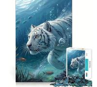 Underwater White Tiger with Fish Jigsaw Puzzle 1000 Pieces Mental Focus Game Precision Cut Smooth Edges Absorbing Activity for Quiet Nights (38x52cm)