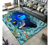 Underwater World 3D Ocean Carpet Fish Coral Dolphin Living Room Bedroom Bathroom Rug Entrance Door Mat Non-slip Household Flannel Floor Mat Seaworld Children Crawling Carpet (80x160 cm,Pattern 2)