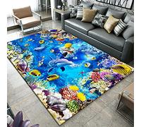 Underwater World 3D Ocean Carpet Fish Coral Dolphin Living Room Bedroom Bathroom Rug Entrance Door Mat Non-slip Household Flannel Floor Mat Seaworld Children Crawling Carpet (80x120 cm,Pattern 1)