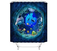 Underwater World 3D Ocean Dolphins and Tropical Fish Shower Curtain, Blue Underwater Cave Scene with Marine Wild Life Bathroom Decor Fabric Curtain 180 * 180cm