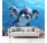 Underwater World Animals Dolphin Coral Reef Non-Woven Wallpaper 400 x 280 cm Bedroom Wall Mural, Blue Photo Wallpaper Poster Wall Covering, for Children’s Room Home Restaurant Living Room Hallway