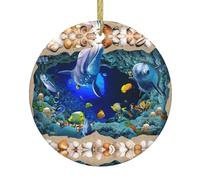 Underwater World Blue Marine Life Print Christmas Tree Ceramic Hanging Ornaments,Round Ceramic Decorations,For Home, Christmas