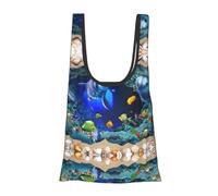 Underwater World Blue Marine Life Print Reusable, Foldable,Washable Grocery Bags Foldable in A Pouch Eco Tote Shopping Bag,Daily Shopping Loading