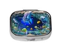 (Underwater World Blue Marine Life) Square Pill Box with 2 Compartment Small Pill Organizer Portable Pill Case Vitamin Containers, Travel Essentials 5.5x4x1.8 cm