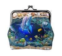 Underwater World Blue Marine Life Women's Leather Kiss-Lock Coin Purse,Double-Sided Full Print Pattern,Ultra-Fine Fiber Leather,Small Clutch Wallet for Cash,Cards,Coins