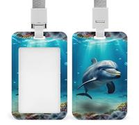 Underwater World Dolphin Badge Holder Vertical Id Card Holder with Lanyard Heavy Duty Name Tag Holders Waterproof Work Badge Holder for Office Cruise Teacher Cute Badge Protector