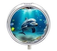 Underwater World Dolphin Travel Pill Box Case 3 Compartment Cute Pill Organizer Metal Pill Holder with Mirror Small Medicine Organizer Daily Pill Container for Purse Pocket Portable Meds Box