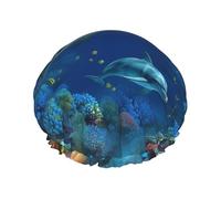 Underwater World Dolphins Coral Shower Caps for Women Reusable Waterproof Shower Cap with Elastic Strap Bath Hair Hat Double Layers Thick Bath Caps for Spa Salon Travel