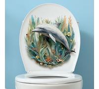 Underwater World Toilet Cover Sticker Decals,Fish Bird Flower Leaf Waterproof Toilet Lid Tank Seat Decals Cistern Self-Adhesive Bathroom Wall Sticker