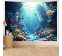 Underwater World Wall Tapestry - Blue Ocean Tropical Fish Coral Reef Wall Hanging, Deep Sea Aquarium Undersea Magic Scene, for Bedroom, Dorm Room, Living Room Decor (Deep Blue Sea,180x230cm)