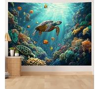 Underwater World Wall Tapestry - Blue Ocean Tropical Fish Coral Reef Wall Hanging, Deep Sea Aquarium Undersea Magic Scene, for Bedroom, Dorm Room, Living Room Decor (Sea Turtle 2,150x200cm)