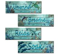 Underwater World Wooden Sign 4 Pieces Ocean Bathroom Decor Relax Soak Unwind Breathe Wall Decor Tropical Fish Wood Plaque Coral Reef Artwork Shark Dolphin Wall Art Kitchen Home Decor (Teal Blue)