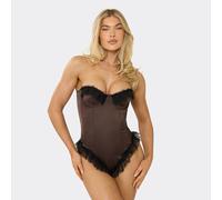 Underwired Contrast Lace Trim Bodysuit In Chocolate Satin, Women's Size UK 6