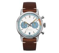Undone Vintage 70s Chronograph Hybrid Quartz Mechanical Steel White Brown Leather Men's Watch, brown, Strap