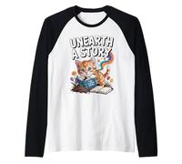 Unearth A Story ; Cute Kitten Reads a Book Raglan Baseball Tee