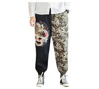 UNeedVog Mens Casual Pants Embroidered Trousers Dragon Sea Waves Pattern Harem Pants Black