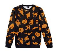 UNeedVog Mens Halloween Sweatshirts Pumpkin Ghost Cat Bat Pattern Pullover Crewneck Sweatshirts Black