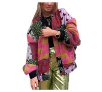 UNeedVog Women's Cotton Padded Coat Retro Printed Patchwork Quilted Cotton Jacket Trendy Baseball Jackets
