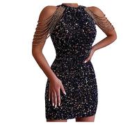 UNeedVog Women's Evening Dress Hanging Neck Tassel Wrap Hip Sequin Dresses Mid-Waist Bodycon Cocktail Party Black