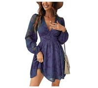 UNeedVog Women's Long Sleeve Dress V-Neck Lace Jacquard Dresses Wrap High Waist Mini Pleated Dress Purple