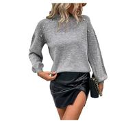UNeedVog Women's Sweaters Gray Half Turtleneck Pearl Beaded Jumpers Loose Fit Lantern Sleeve Warm Sweater
