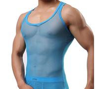 Uneihoiz Men's Summer Mesh Soft Tank Top See Through Vest Stretch Undershirt Sky Blue Medium