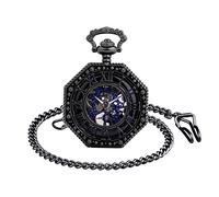 Unendlich U Infinite U Pocket Watch with Chain, Vintage Pattern Carving Octagon Mechanical Pocket Fob Watch with Roman Numeral dial, Black Alloy case, Ideal Gift for Men and Women