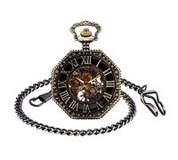 Unendlich U Infinite U Pocket Watch with Chain, Vintage Pattern Carving Octagon Mechanical Pocket Fob Watch with Roman Numeral dial, Bronze Alloy case, Ideal Gift for Men and Women