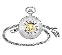 Unendlich U Men's Unisex Fashion Retro Hand Winding Mechanical Pocket Watch Roman Numerals Dual Time Display Hollow Skeleton Chain Watch Sweater Necklace