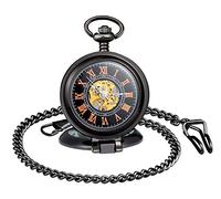 Unendlich U Men's Unisex Pocket Watch Classic Digital Dial Retro Hand Winding Mechanical Pocket Watches Skeleton Chain Watch with Short Chain Sweater Necklace Gift Box for Christmas Father's Day, black,
