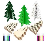 Unfinished Wooden Christmas Trees - 3D Unfinished Plant Silhouette Decoration | 48 Pieces DIY Wooden Tree Trimming with Set of Colored Markers - for Kids and Adults Christmas Tray