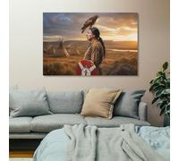 Unframe-Native American Man with Hawk and Shield Wall Art for Home Decor | Canvas print suits home office, where it helps complete the room alongside existing decor