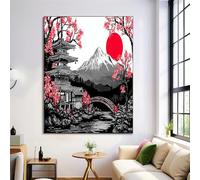 Unframed Canvas Print Wall Art Set Cherry Blossoms Mount Fuji Fine Art Decorative Black And White Poster Canvas Painting Japanese Temple For Living Room, Bedroom, Office - 12X16In