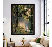 Unframed Canvas Print Wall Art Set Forest River Fine Art Decorative Dark Green Poster Canvas Painting Rustic Wooden Windows For Living Room, Bedroom, Office - 31X47In