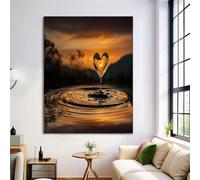 Unframed Canvas Print Wall Art Set Heart-Shaped Water Drops Fine Art Decorative Burnt Orange Poster Canvas Painting Sunset Landscape For Living Room, Bedroom, Office - 28X39In